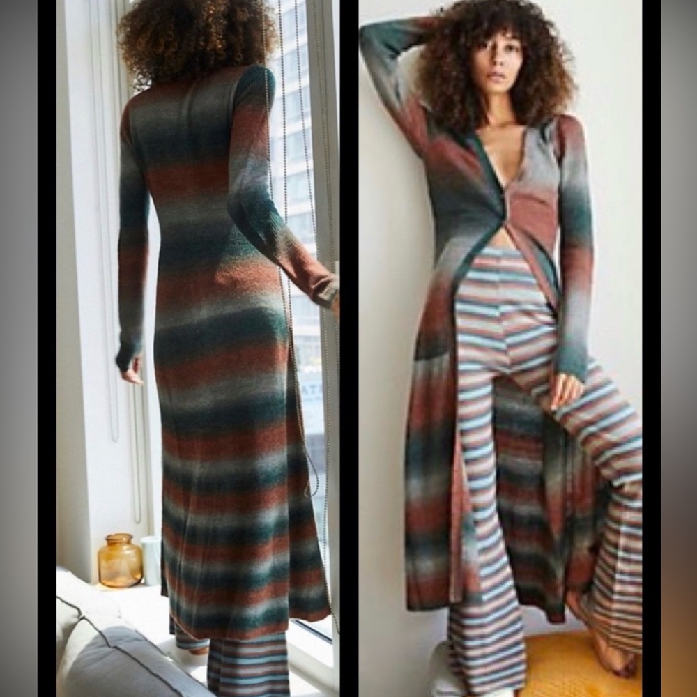 Free People Striped Maxi Cardigan in Teal, Rust, Gray